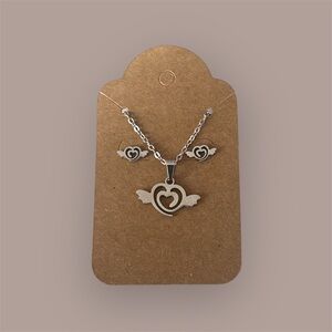 Silver Heart Wing Necklace and Earring Set